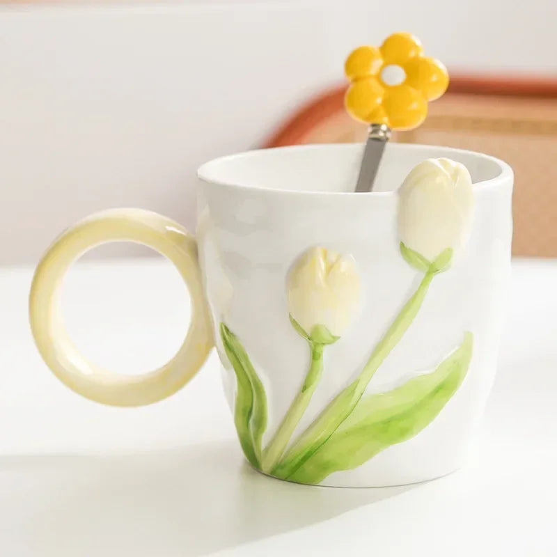 500ml 3D Tulip Pattern Ceramics Mug with Spoon Hand Carved Comfortable handle Coffee Cup Breakfast Milk oatmeal cup Girl Gift