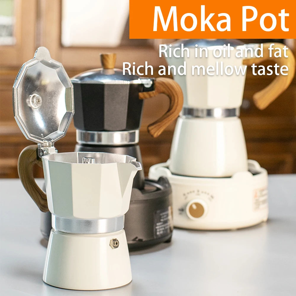Classic coffee mocha pot with handle, reusable filter, manual operation, suitable for home kitchen