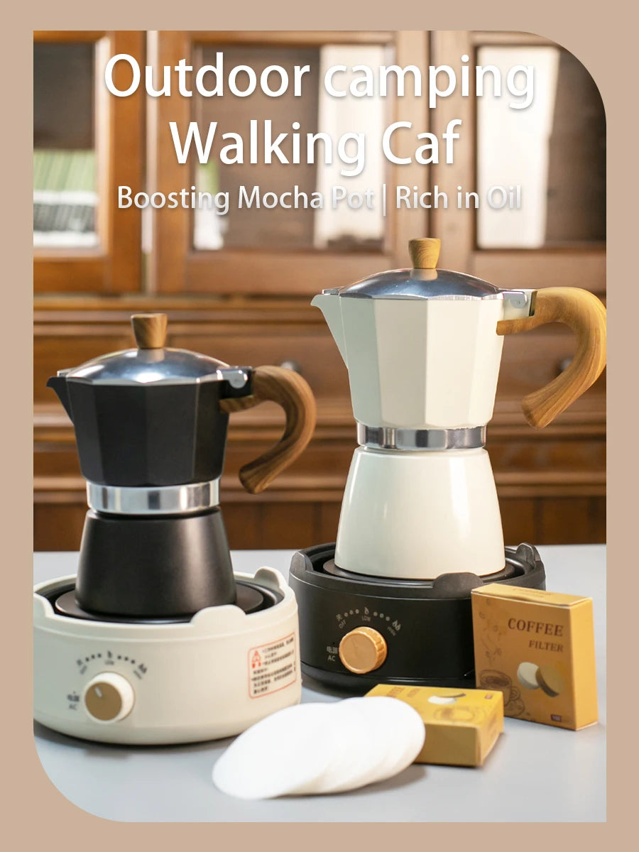 Classic coffee mocha pot with handle, reusable filter, manual operation, suitable for home kitchen