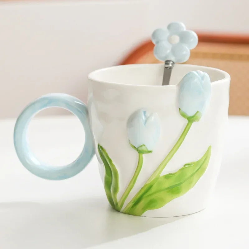 500ml 3D Tulip Pattern Ceramics Mug with Spoon Hand Carved Comfortable handle Coffee Cup Breakfast Milk oatmeal cup Girl Gift