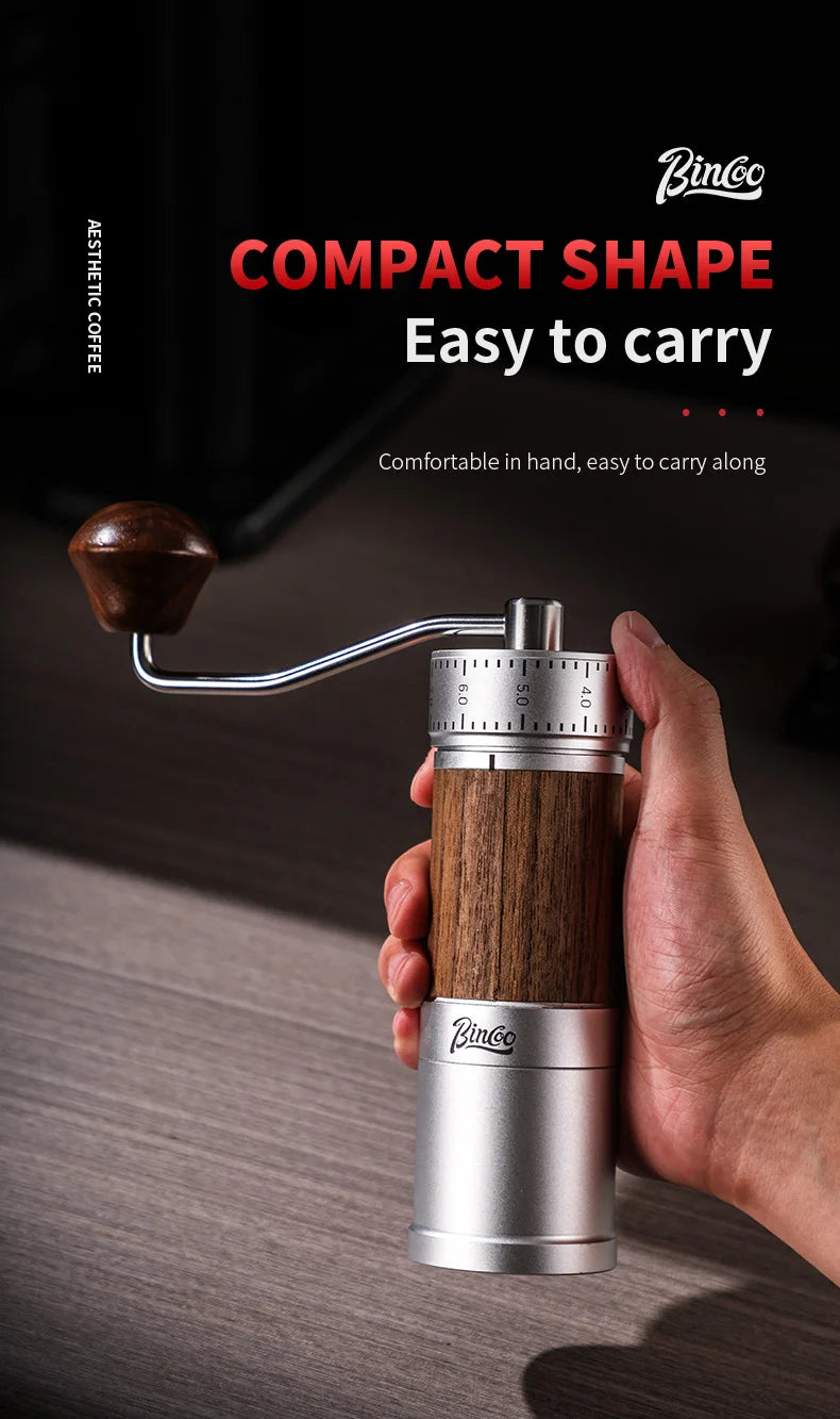 Bincoo Manual Coffee Grinder 38mm CNC 420 6-Star Steel Burr 9-Grade External Adjustment Aluminum Body for Precise Hand Grinding