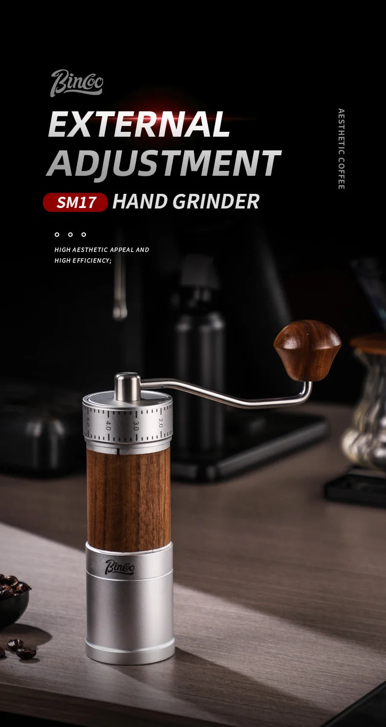 Bincoo Manual Coffee Grinder 38mm CNC 420 6-Star Steel Burr 9-Grade External Adjustment Aluminum Body for Precise Hand Grinding