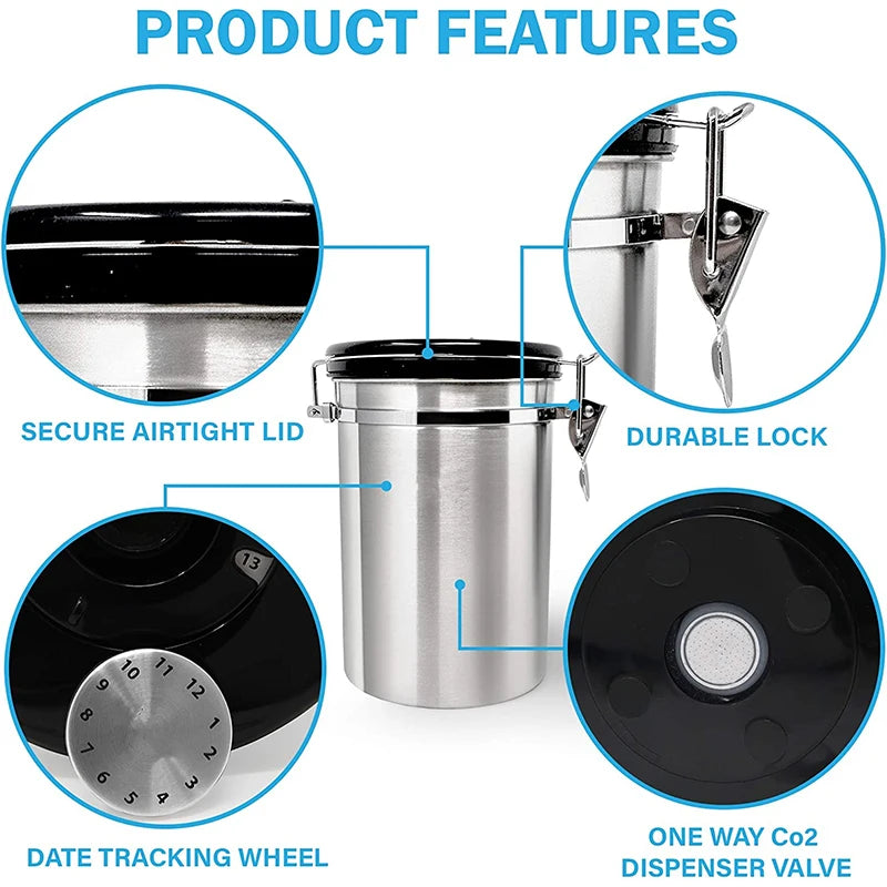 LMETJMA 1.8L Coffee Canister For Ground Coffee Stainless Steel Coffee Storage Canisters With Scoop for Beans Sugar Tea JT152