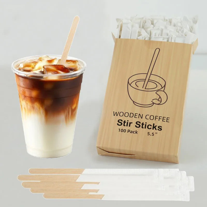 1-5 Boxes Wooden Coffee Stirrers Disposable Individually Wrapped Eco-friendly For Coffee Hot Beverages Each Containing 100pcs