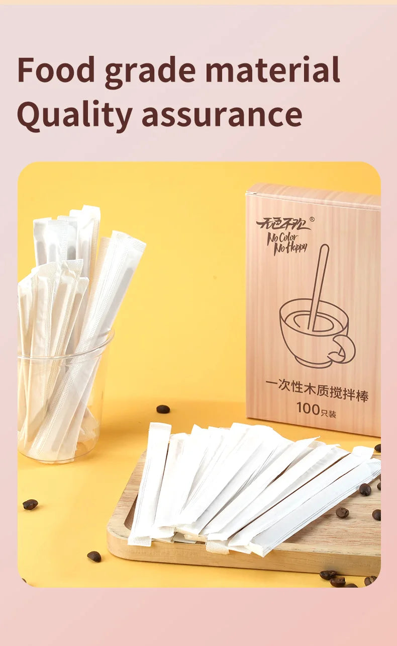 1-5 Boxes Wooden Coffee Stirrers Disposable Individually Wrapped Eco-friendly For Coffee Hot Beverages Each Containing 100pcs
