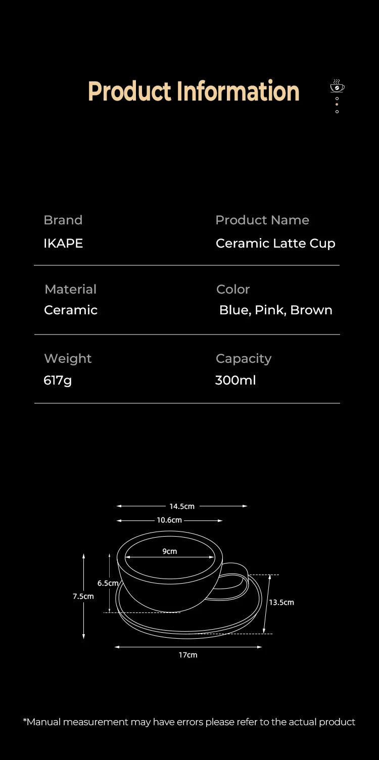 IKAPE Latte Cup with Saucer,270ml Large Capacity  Ceramic Coffee Cup, Ideal for Coffee Lovers & Baristas