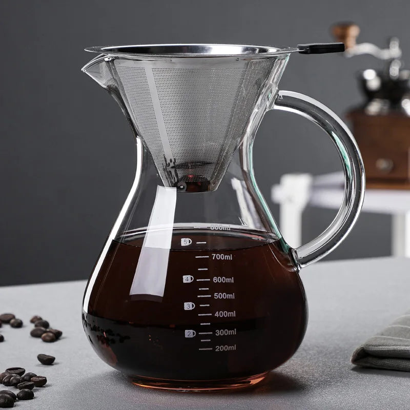 High Borosilicate Glass Coffee Sharing Pot, Pour Over Coffee Maker Set with Drip & Cold Brew Filter, Home Manual Coffee Brewer