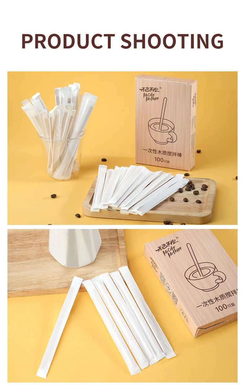 100/200pcs Individually Packaged Wooden Coffee Stirrers Disposable Eco-Friendly Stirrers for Coffee Cocktails Hot Beverages