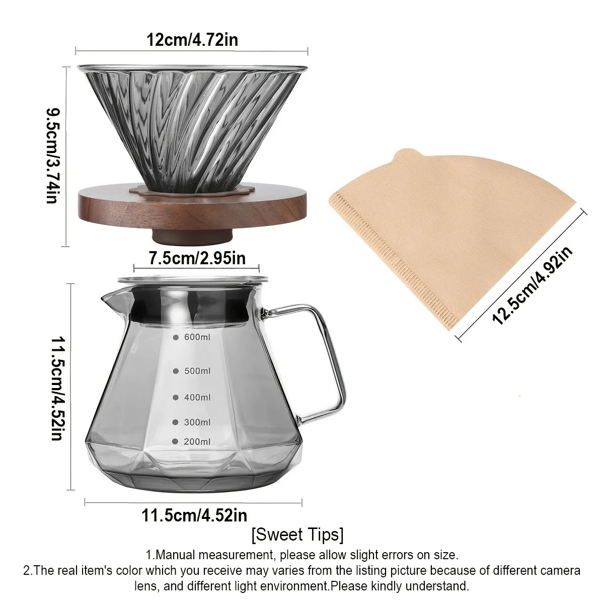 Pour Over Coffee Maker Set, 20 oz Borosilicate Glass Carafe with 100 pcs V02 Paper Filter, Walnut Handle & Glass Lid, Gray