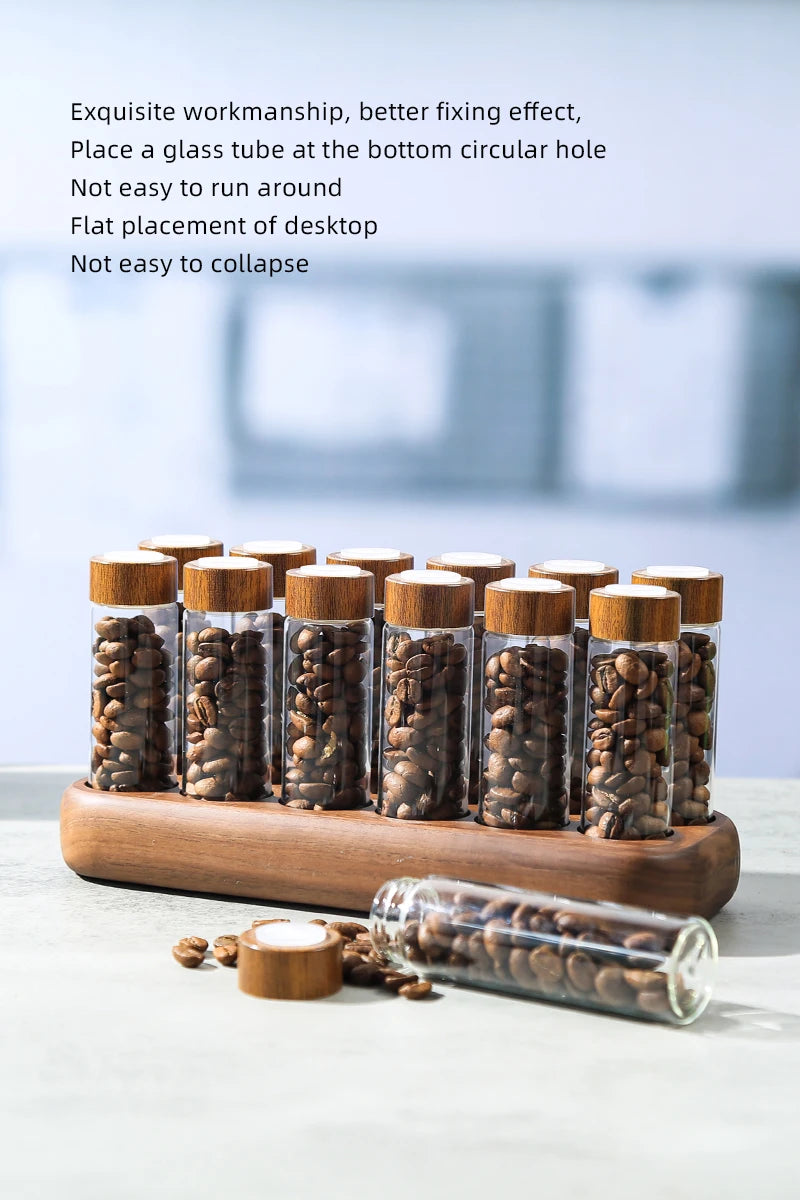 Havmore Wooden Holder 12 Testing Tubes Single Dose Coffee Bean Glass Container Wooden Stand Coffee Beans Storage Tubes