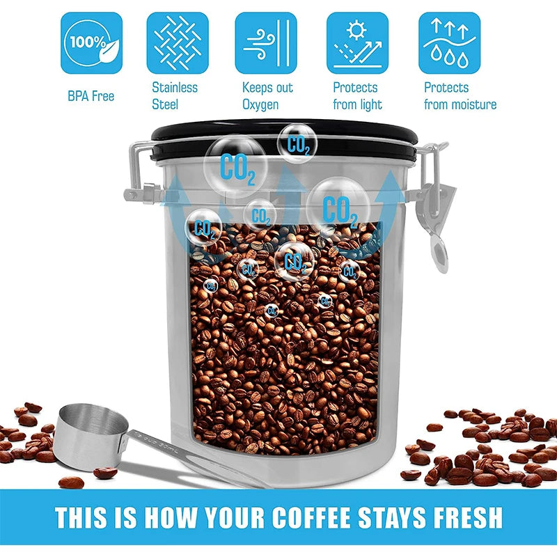 LMETJMA 1.8L Coffee Canister For Ground Coffee Stainless Steel Coffee Storage Canisters With Scoop for Beans Sugar Tea JT152