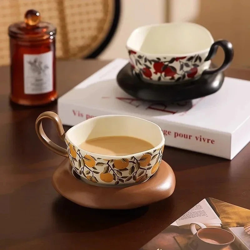 Vintage Lemon Pomegranate Ceramic Mug Dish Set Creative Handle Coffee Latte Mug Juice Cup Milk Cup Household Tea Cup Water Cups