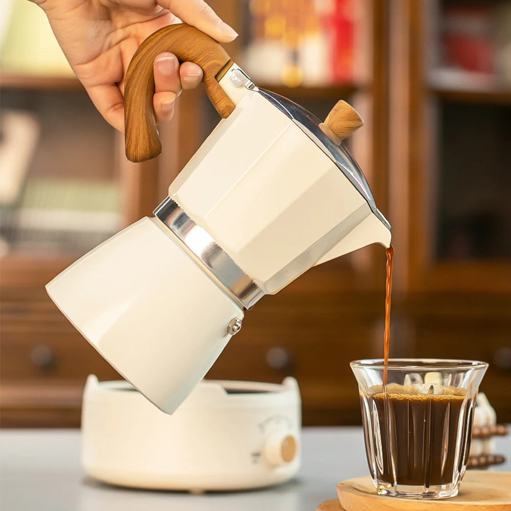 Classic coffee mocha pot with handle, reusable filter, manual operation, suitable for home kitchen