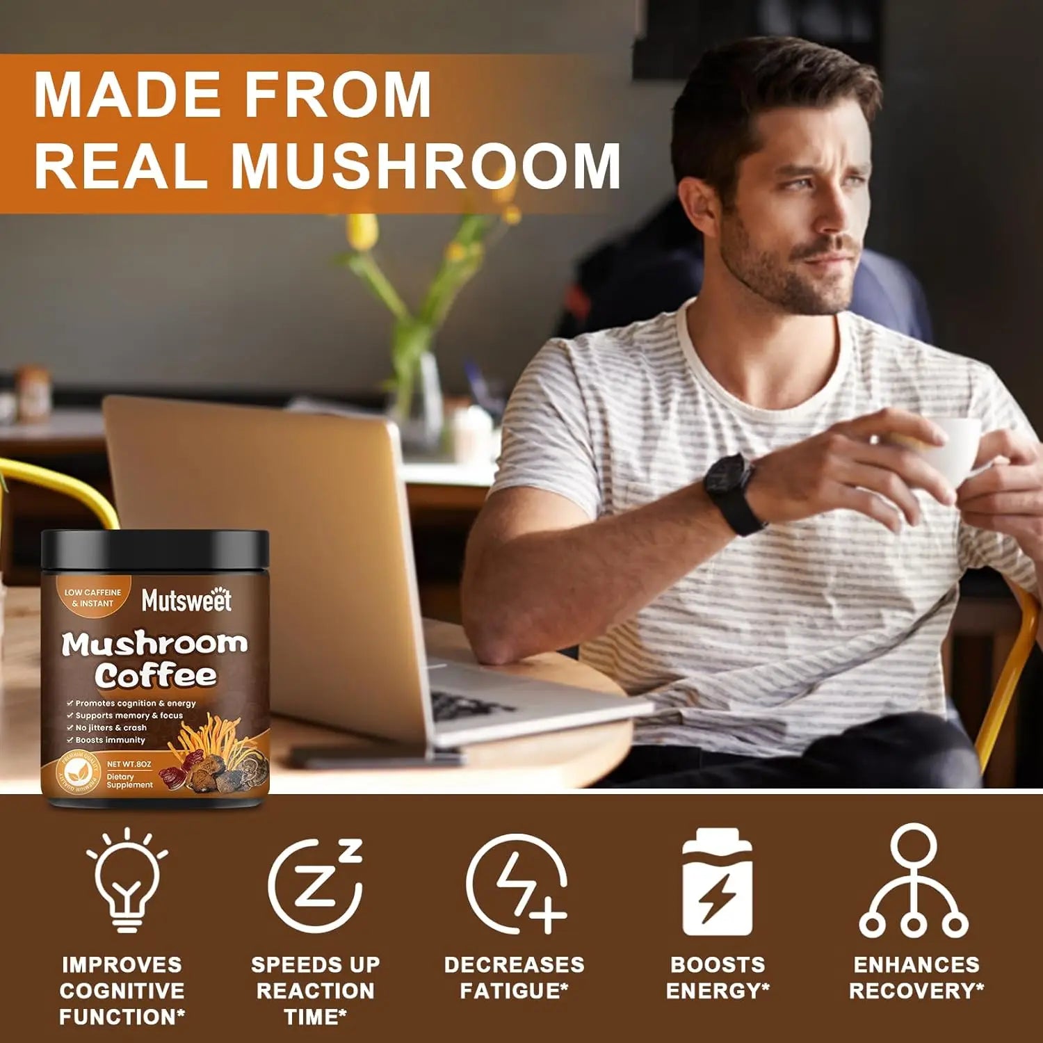 MUTSWEET Lion's Mane Mushroom Coffee Supplement with Reishi,Cordyceps&Turkey Tail-Energy,Mental Clarity&Focus,Brain Booster