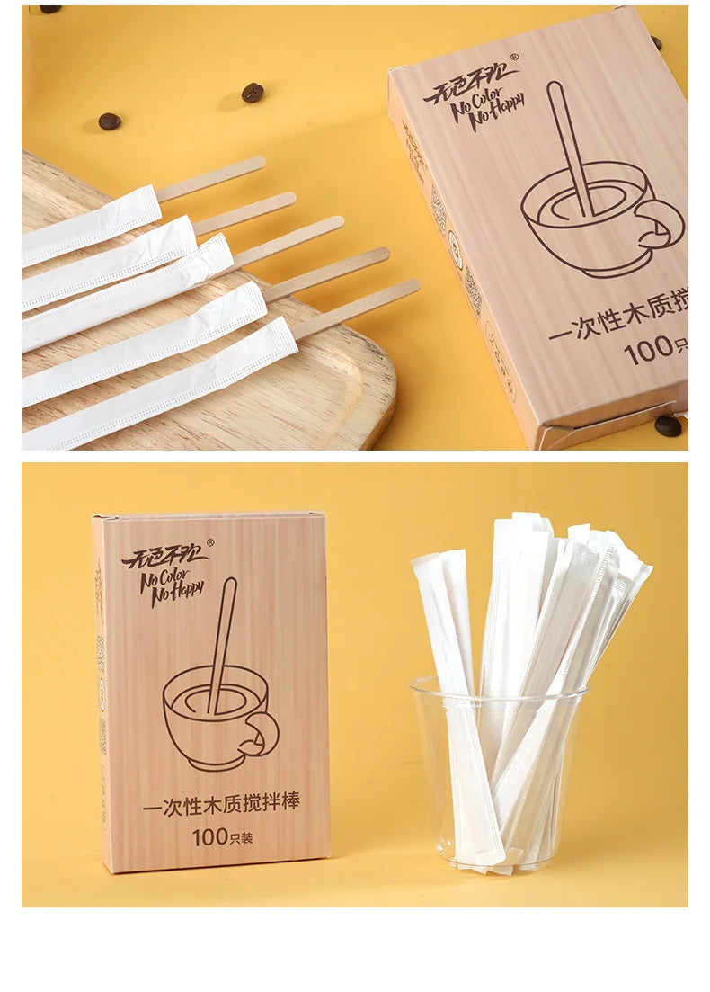 1-5 Boxes Wooden Coffee Stirrers Disposable Individually Wrapped Eco-friendly For Coffee Hot Beverages Each Containing 100pcs
