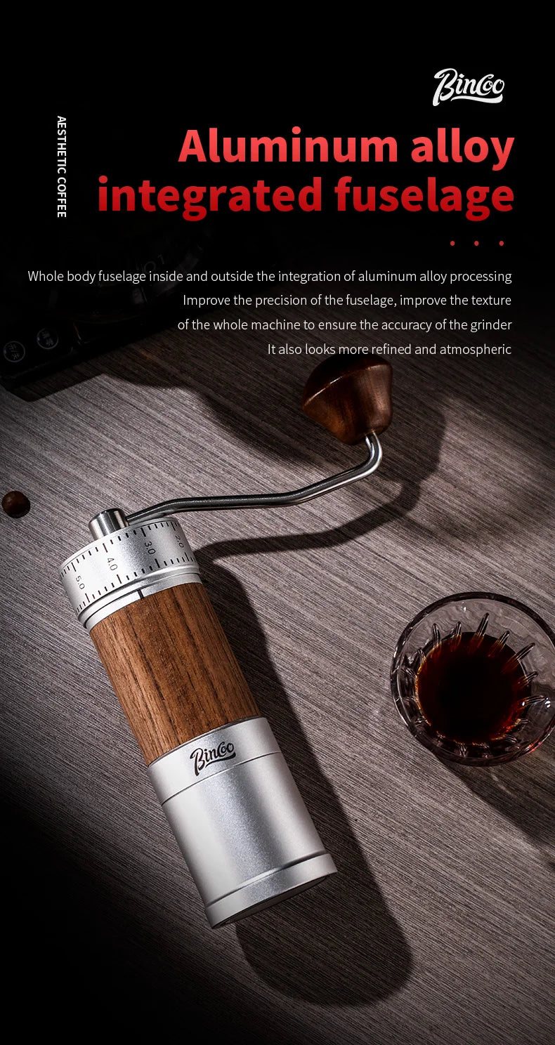 Bincoo Manual Coffee Grinder 38mm CNC 420 6-Star Steel Burr 9-Grade External Adjustment Aluminum Body for Precise Hand Grinding