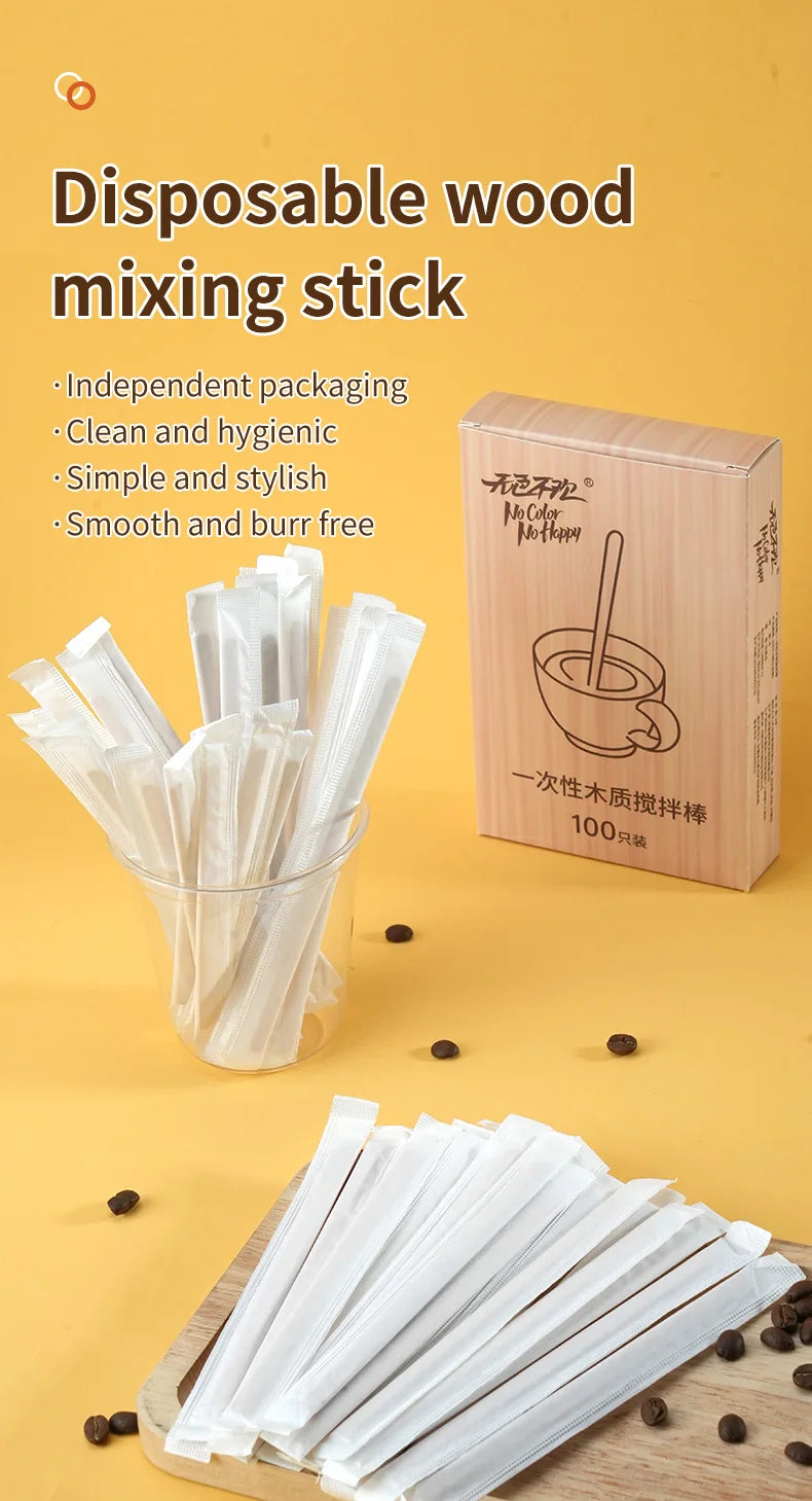 1-5 Boxes Wooden Coffee Stirrers Disposable Individually Wrapped Eco-friendly For Coffee Hot Beverages Each Containing 100pcs