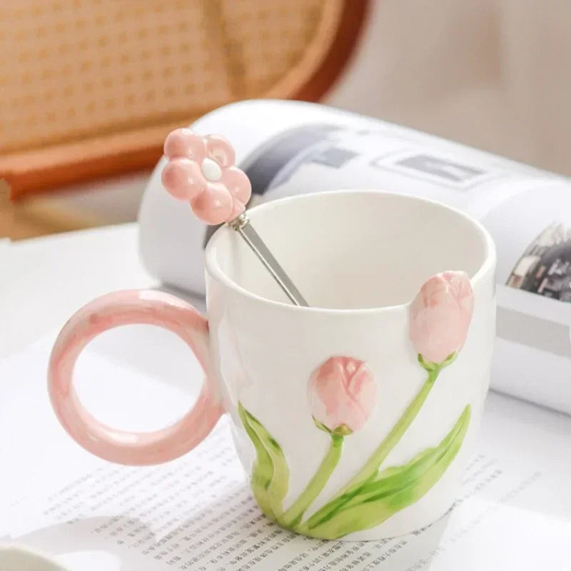 500ml 3D Tulip Pattern Ceramics Mug with Spoon Hand Carved Comfortable handle Coffee Cup Breakfast Milk oatmeal cup Girl Gift