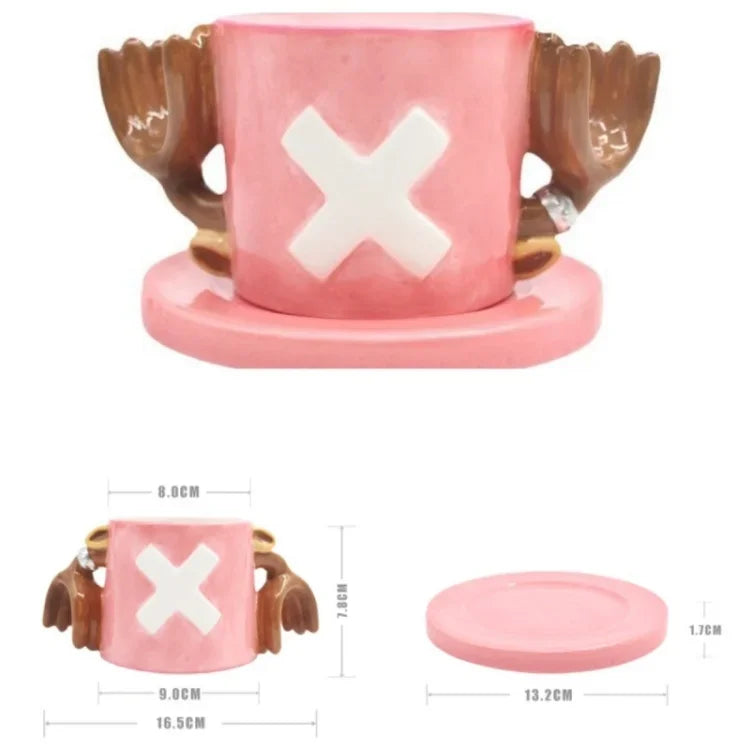 Anime Coffee Mug with Saucer Creative Luffy Ace Sabo Three Brothers Hat Shaped Ceramic Coffee Cup Child's Birthday Gift Cup