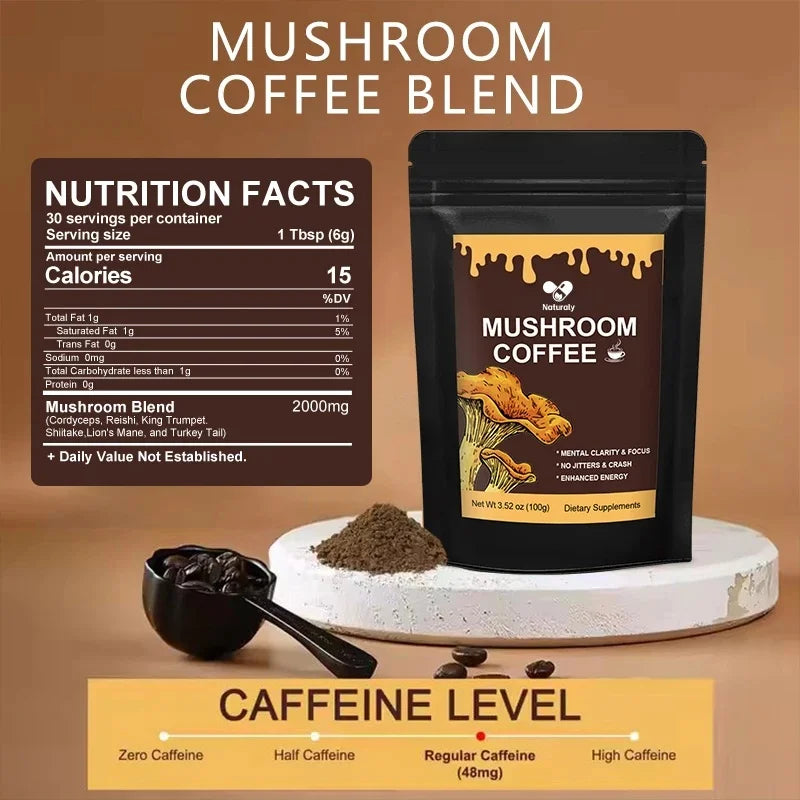 Natural Mushroom Coffee with 6 Adaptogenic Mushrooms for Better Energy, Focus, Digestion, Immunity with Lions Mane & Turkey Tail