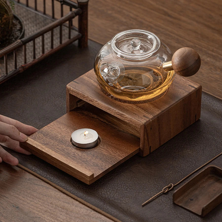 Wooden Tea Pot Heater Tea Supplies Elegant Tea Warmer Heating Coffee Milk Decoration for Home Kitchen Garden Travel Winter Gift