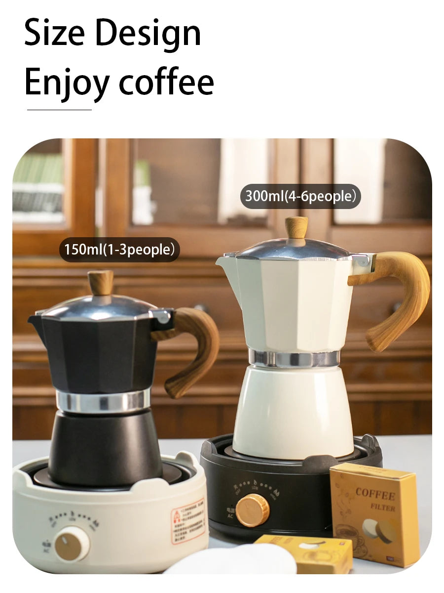 Classic coffee mocha pot with handle, reusable filter, manual operation, suitable for home kitchen