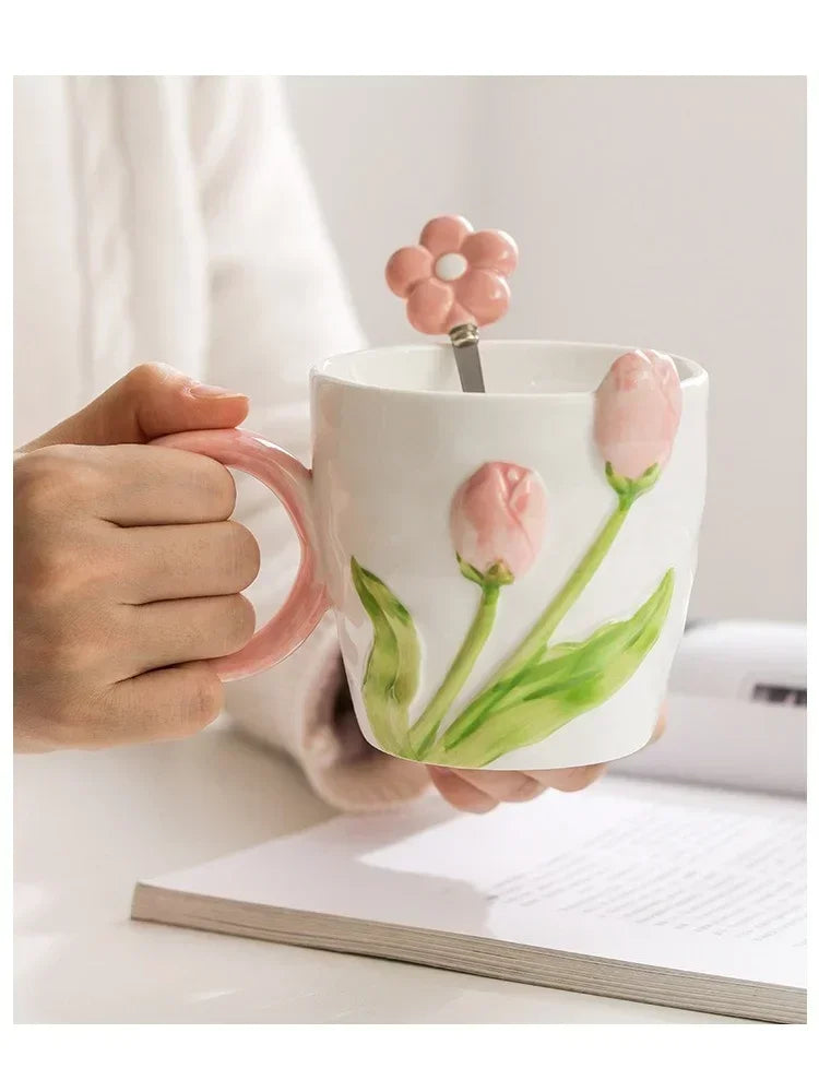 500ml 3D Tulip Pattern Ceramics Mug with Spoon Hand Carved Comfortable handle Coffee Cup Breakfast Milk oatmeal cup Girl Gift