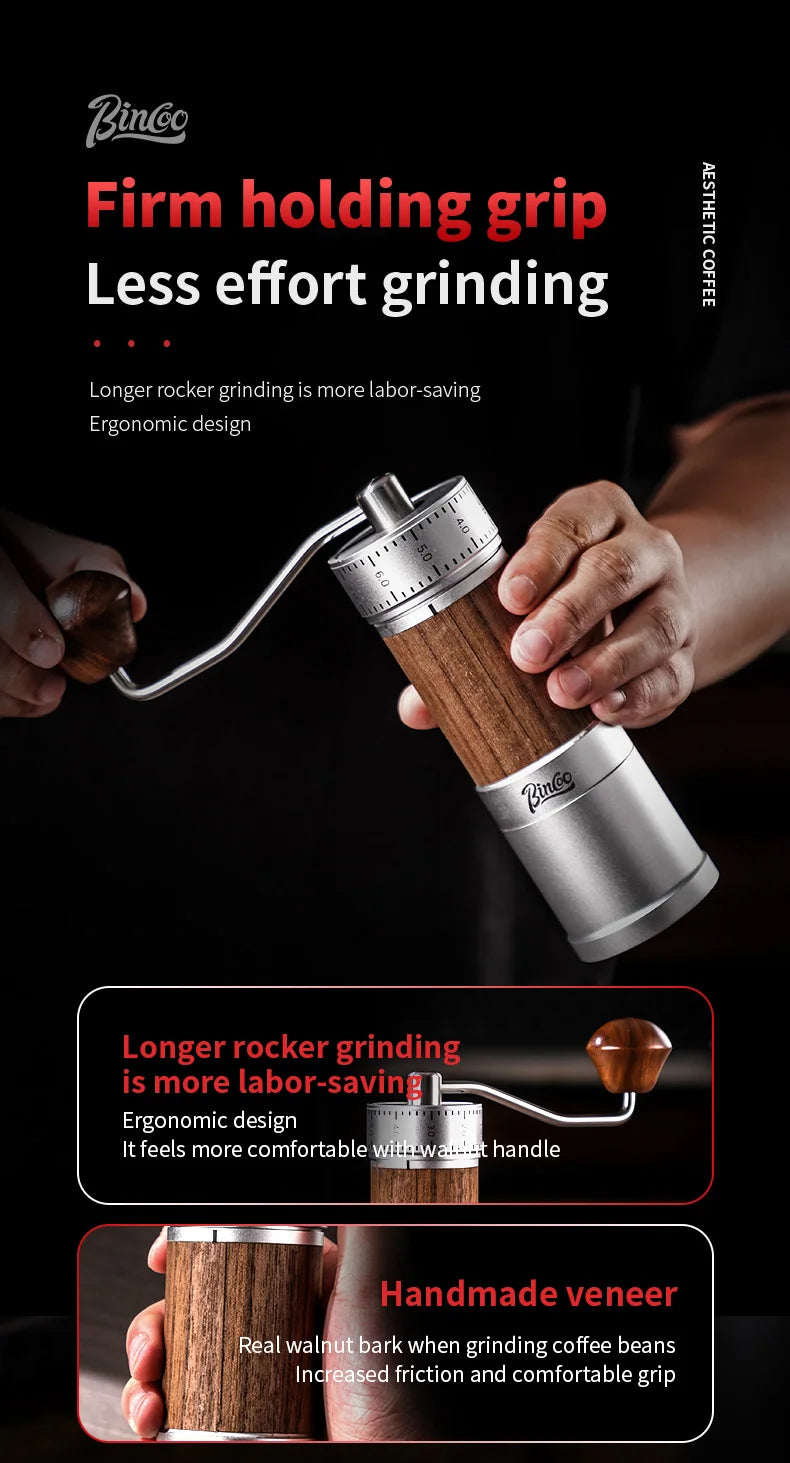Bincoo Manual Coffee Grinder 38mm CNC 420 6-Star Steel Burr 9-Grade External Adjustment Aluminum Body for Precise Hand Grinding