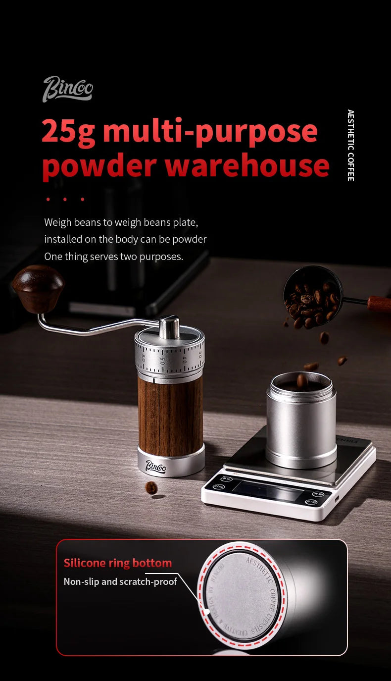 Bincoo Manual Coffee Grinder 38mm CNC 420 6-Star Steel Burr 9-Grade External Adjustment Aluminum Body for Precise Hand Grinding