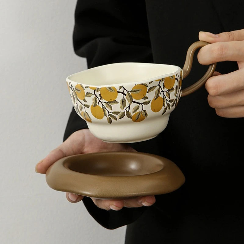 Vintage Lemon Pomegranate Ceramic Mug Dish Set Creative Handle Coffee Latte Mug Juice Cup Milk Cup Household Tea Cup Water Cups