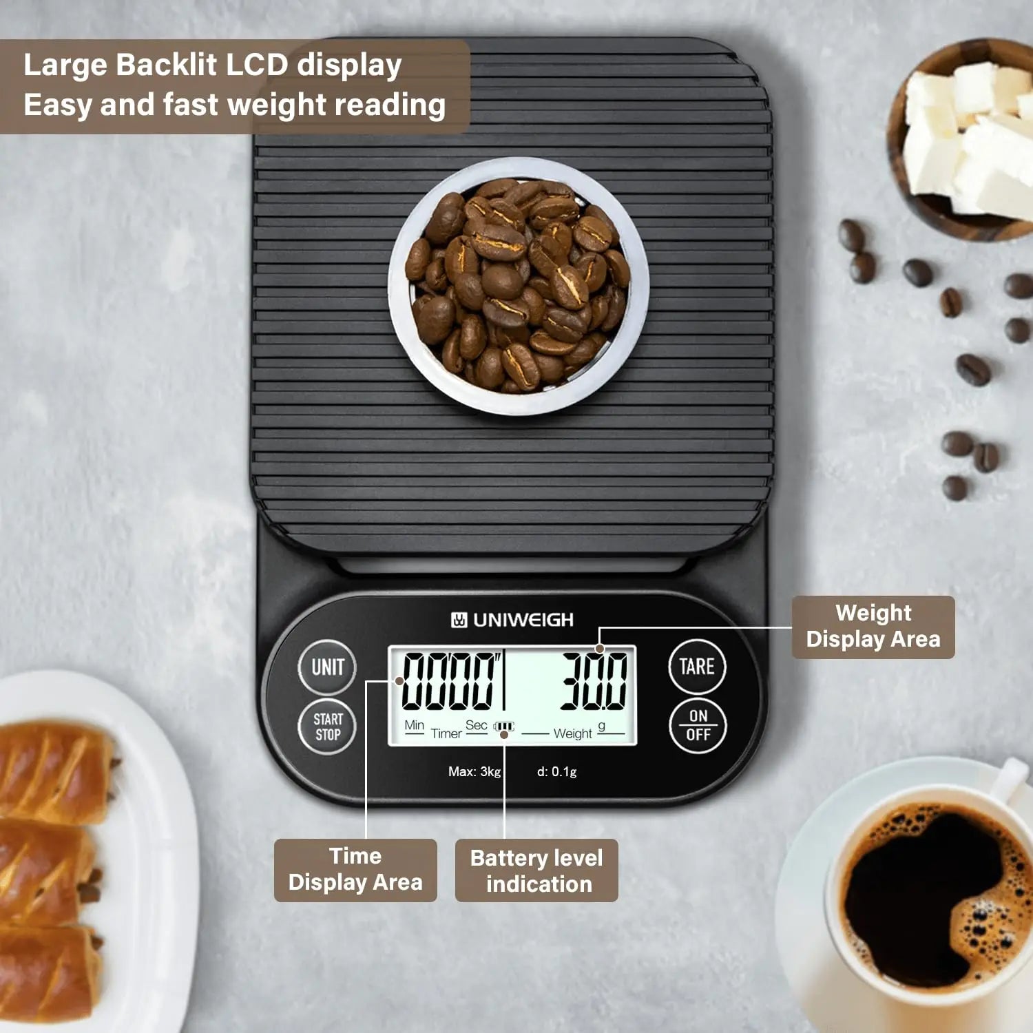 3kg/0.1g High-Precision Electronic Coffee Scale with Timer, Automatic Shut-Off/Tare Function, LCD Display Kitchen Scale
