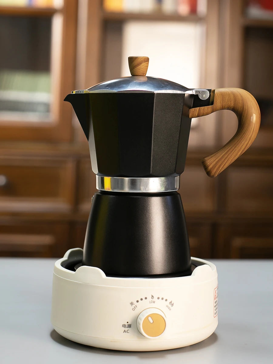 Classic coffee mocha pot with handle, reusable filter, manual operation, suitable for home kitchen