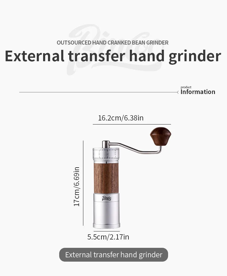 Bincoo Manual Coffee Grinder 38mm CNC 420 6-Star Steel Burr 9-Grade External Adjustment Aluminum Body for Precise Hand Grinding