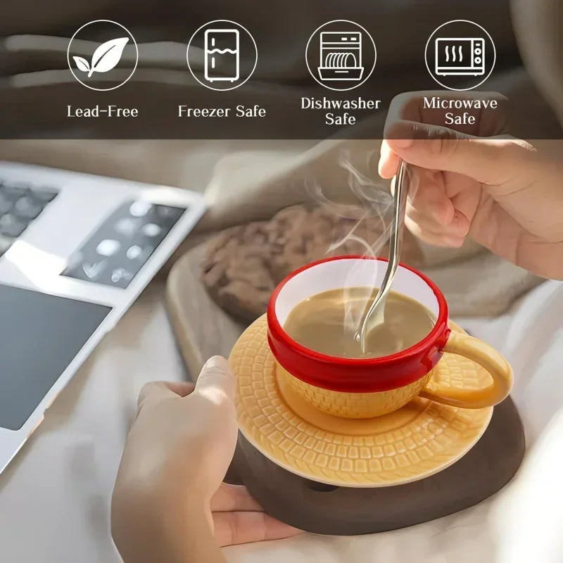 Anime Coffee Mug with Saucer Creative Luffy Ace Sabo Three Brothers Hat Shaped Ceramic Coffee Cup Child's Birthday Gift Cup