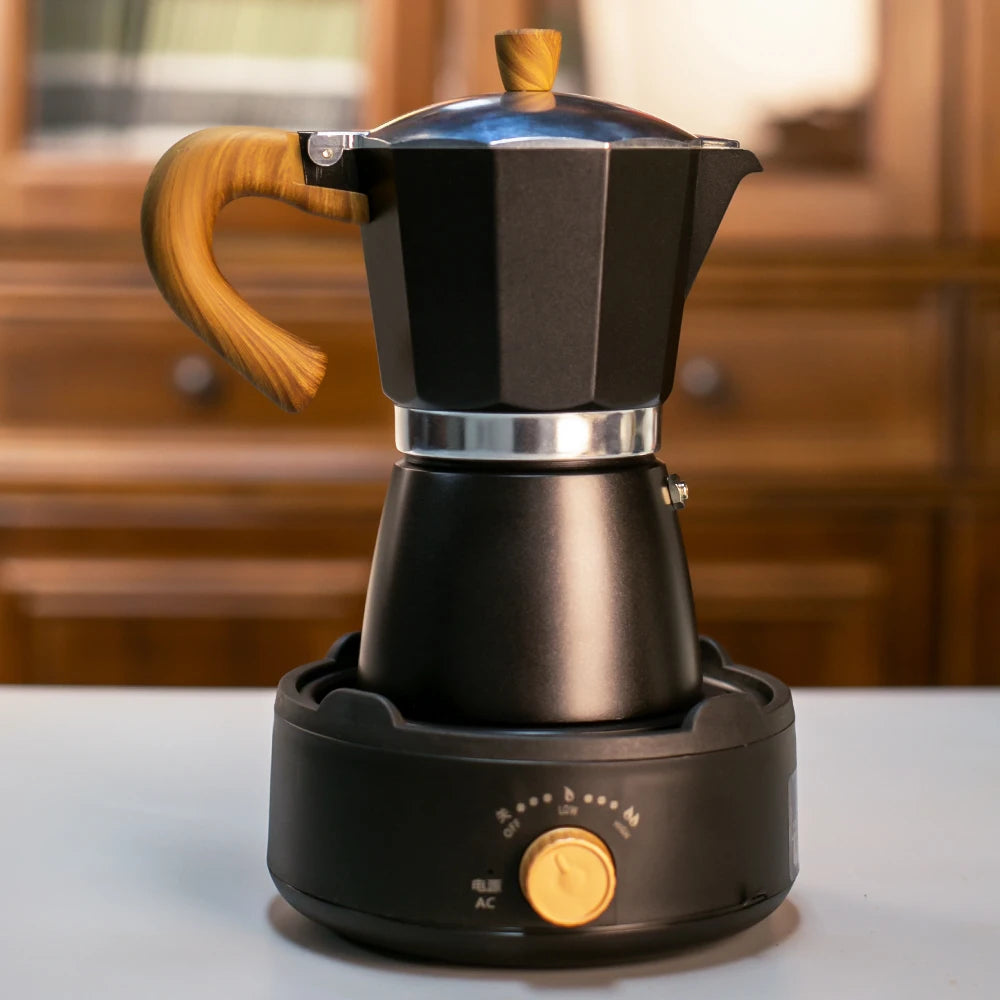 Classic coffee mocha pot with handle, reusable filter, manual operation, suitable for home kitchen