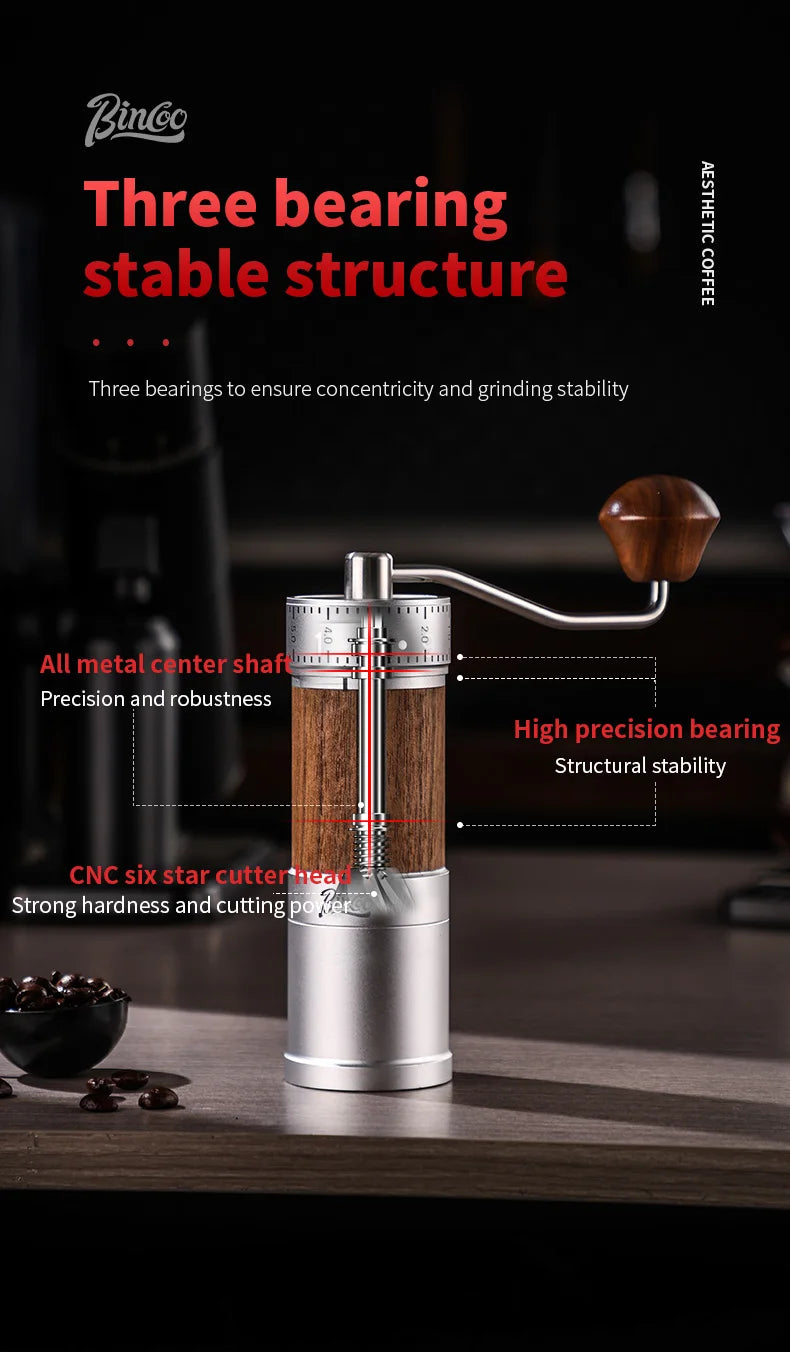 Bincoo Manual Coffee Grinder 38mm CNC 420 6-Star Steel Burr 9-Grade External Adjustment Aluminum Body for Precise Hand Grinding