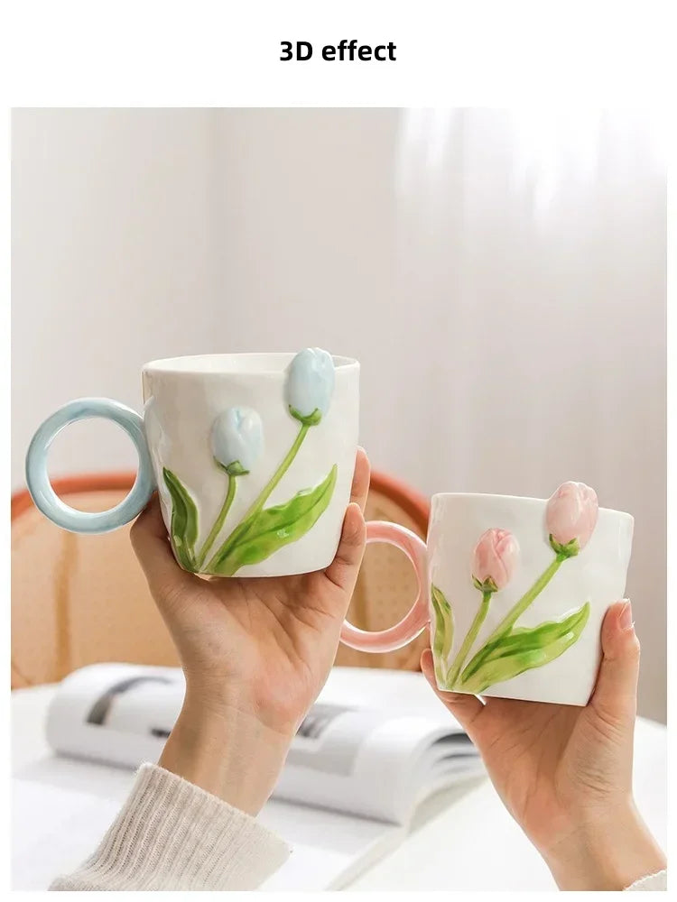 500ml 3D Tulip Pattern Ceramics Mug with Spoon Hand Carved Comfortable handle Coffee Cup Breakfast Milk oatmeal cup Girl Gift
