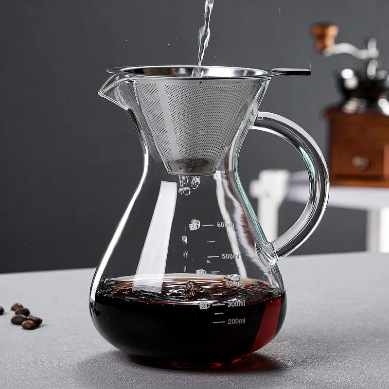 High Borosilicate Glass Coffee Sharing Pot, Pour Over Coffee Maker Set with Drip & Cold Brew Filter, Home Manual Coffee Brewer