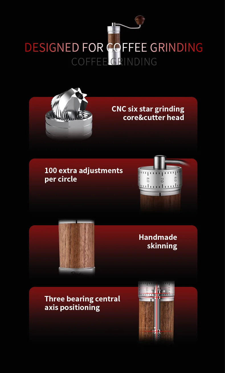 Bincoo Manual Coffee Grinder 38mm CNC 420 6-Star Steel Burr 9-Grade External Adjustment Aluminum Body for Precise Hand Grinding