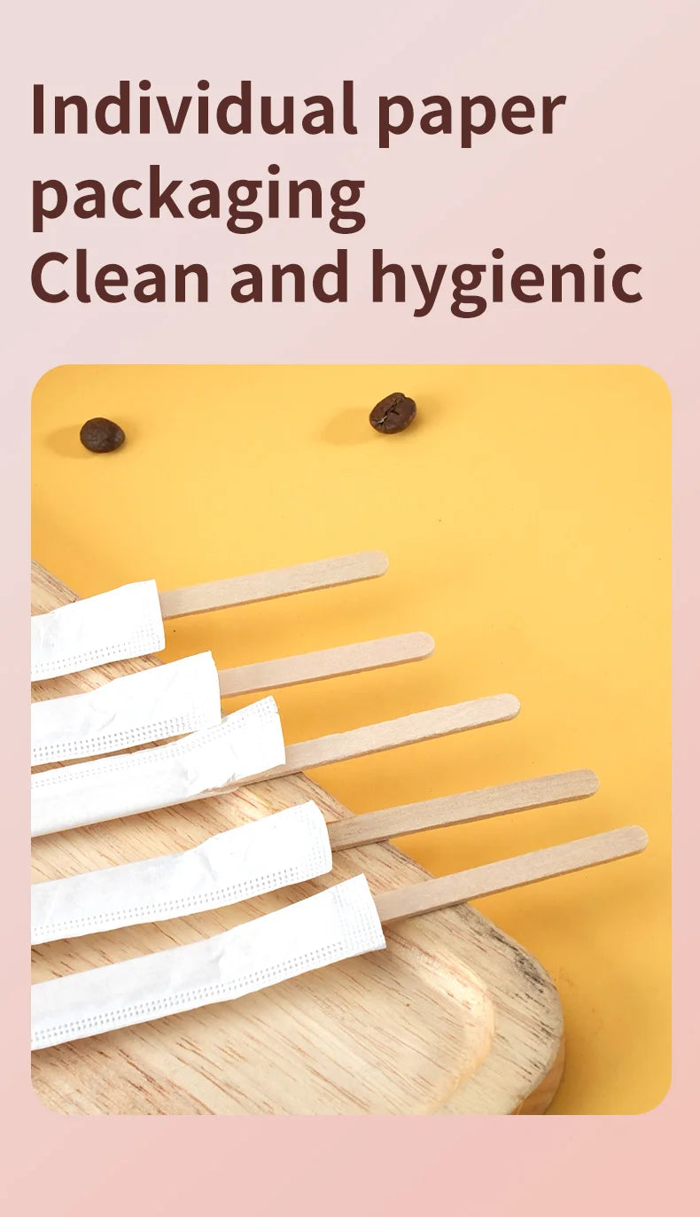 100/200pcs Individually Packaged Wooden Coffee Stirrers Disposable Eco-Friendly Stirrers for Coffee Cocktails Hot Beverages