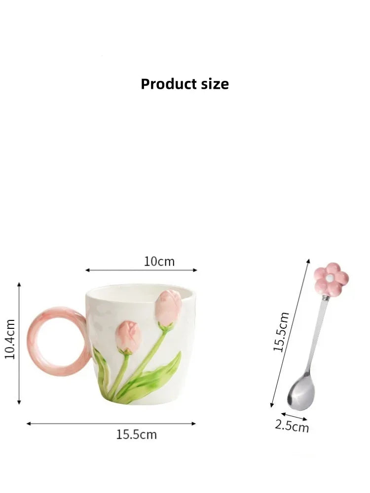 500ml 3D Tulip Pattern Ceramics Mug with Spoon Hand Carved Comfortable handle Coffee Cup Breakfast Milk oatmeal cup Girl Gift