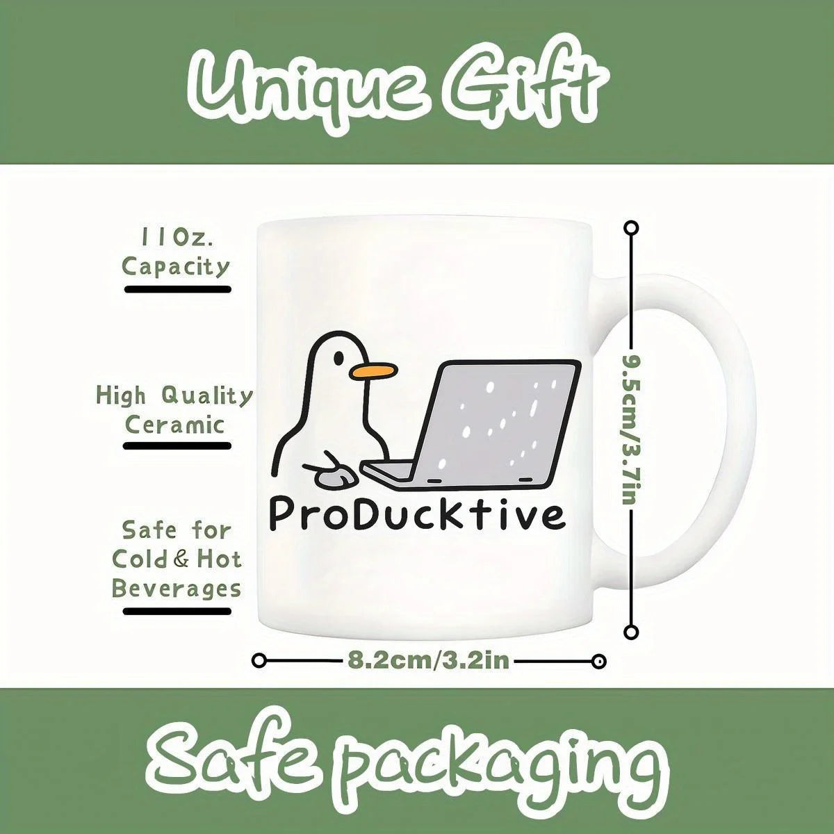 ProDucktive Funny Duck Coffee Mug - Cute Duck with Laptop Design,  Ceramic Travel Mug with Handle, Hand Wash Only, Reusable