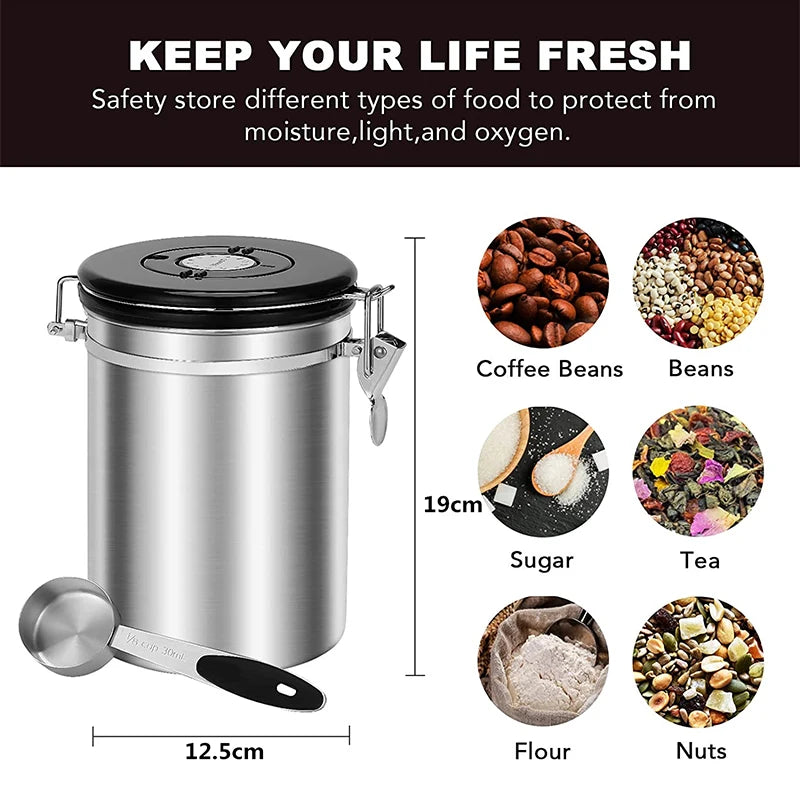 LMETJMA 1.8L Coffee Canister For Ground Coffee Stainless Steel Coffee Storage Canisters With Scoop for Beans Sugar Tea JT152