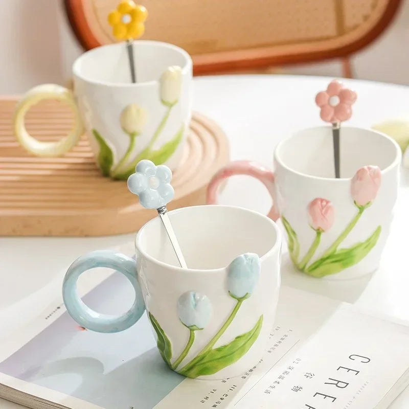 500ml 3D Tulip Pattern Ceramics Mug with Spoon Hand Carved Comfortable handle Coffee Cup Breakfast Milk oatmeal cup Girl Gift